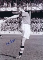 Autographed ALAN DICKS 16 x 12 Photo : B/W, depicting Chelsea wing-half ALAN DICKS striking a full-