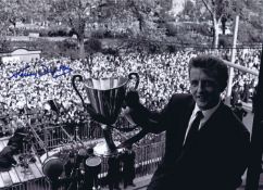 Autographed TERRY DYSON 16 x 12 Photo : B/W, depicting TERRY DYSON posing with the European Cup