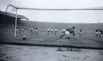 Autographed ADAM BLACKLAW 12 x 10 Photo : B/W, depicting Burnley keeper ADAM BLACKLAW going the