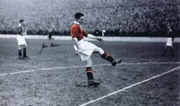 Autographed JOHN DOWNIE 12 x 10 Photo : Colorized, depicting Man United inside-forward JOHN DOWNIE