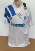 Chris Waddle signed Marseille retro replica home shirt signature on front. Size medium. Good