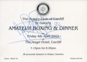 John Henry Stracey MBE signed. The Rotary Club of Cardiff St David's Amateur Boxing & Dinner card on