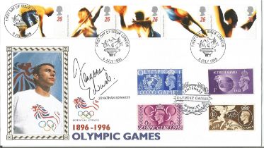 Jonathan Edwards signed Centenary of Olympic Games FDC.9/7/96 London FDI postmark. Good Condition.
