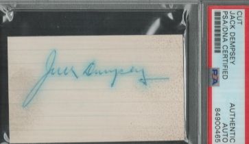 Boxing Jack Dempsey signed 3x2 inch cut page PSA/DNA certified in plastic protective sleeve. Good