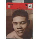 Boxing Joe Louis signed 7x5 inch black and white vintage 1977 boxing card bio on reverse. Good