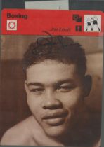Boxing Joe Louis signed 7x5 inch black and white vintage 1977 boxing card bio on reverse. Good
