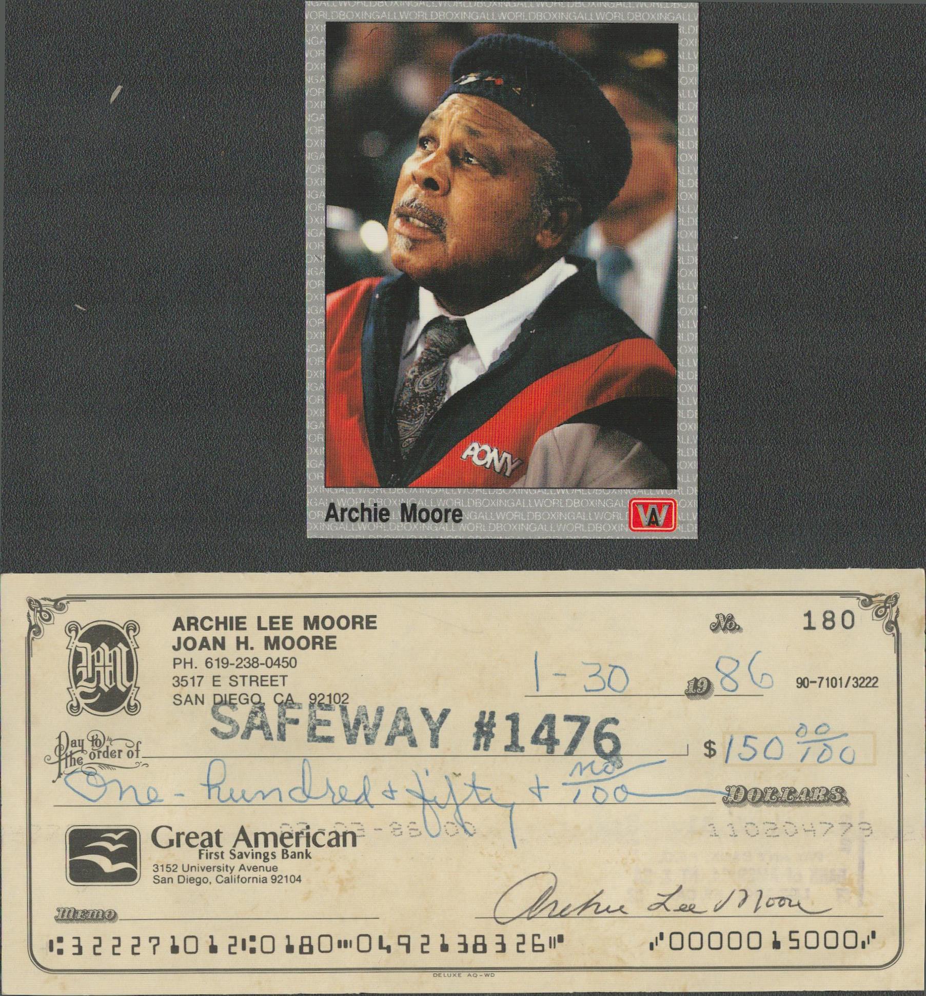 Boxing Archie Moore signed Great American Bank cheque dated 30th January 1986 and Hall of Fame