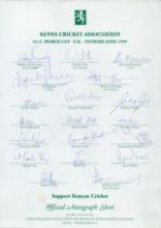 Kenya ICC World Cup 1999 multi signed team sheet includes 19, signatures such as Quarishy, Shah,