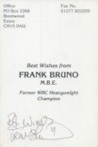 Frank Bruno signed back of promo colour card 6x4 Inch. Is a British former professional boxer who