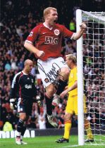 Autographed PAUL SCHOLES 16 x 12 Photo : Col, depicting Man United's PAUL SCHOLES celebrating