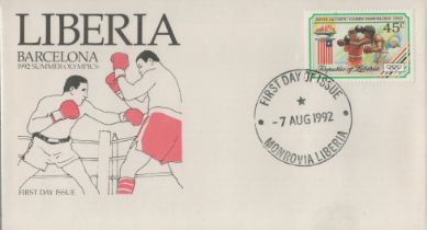 Boxing Liberia Barcelona 1992 Olympics FDC PM First Day of Issue 7 Aug 1992 Monrovia Liberia. Good