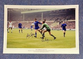 Alex Stepney and David Sadler signed 18 x 12 coloured print. Print shows Manchester United's Alex