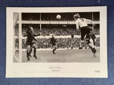 Martin Chivers signed 16 x 23 Artist Proof black and white photo. Photo shows Chivers leaping to