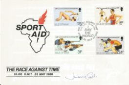 Jeremy Guscott signed Race Against Time FDC.25/5/86 Douglas, Isle of Man postmark. Good Condition.