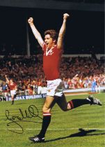 Autographed GORDON HILL 16 x 12 Photo : Col, depicting a wonderful image showing Manchester United