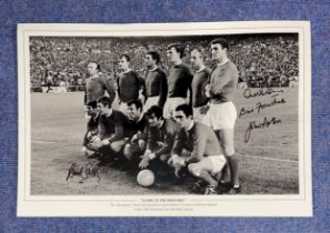 Manchester United Multi Signed 18 x 12 black and white Print titled 'Glory At The Bernabeu’.