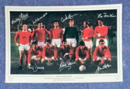 Manchester United Multi Signed 18 x 12 European Cup Edition Coloured Print. Signatures from Nobby