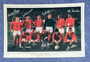 Manchester United Multi Signed 18 x 12 European Cup Edition Coloured Print. Signatures from Nobby