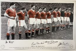 Football, Manchester United multi signed 12x18 colourised photograph, featuring signatures from