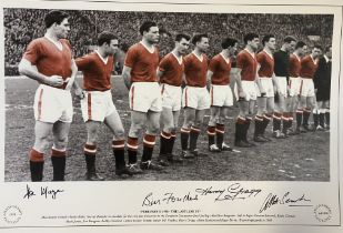Football, Manchester United multi signed 12x18 colourised photograph, featuring signatures from
