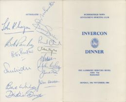 Multi signed Dickie Bird, Bob Paisley OBE plus others. Invercon Dinner Menu 19th November 1984. Good