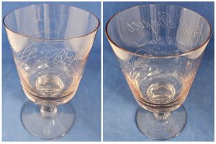 Vintage Pink depression Glass Engraved 'Geoff Boycott Genius Is Eternal Patience'. (Dedicated To