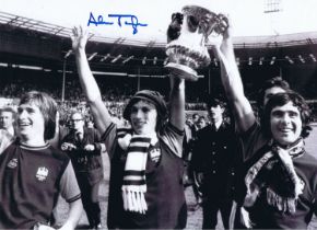 Autographed ALAN TAYLOR 16 x 12 Photo : B/W, depicting West Ham United's Kevin Lock, ALAN TAYLOR and