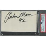 Boxing Archie Moore signed 5x3 white card PSA/DNA certified housed in plastic protective sleeve.