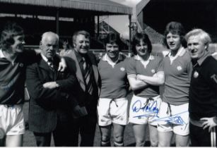 Autographed MAN UNITED 12 x 8 Photo : B/W, depicting Man United manager Tommy Docherty and his coach