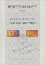 Matt Busby signed First day sheet special postage stamp series for sport 6/1981 written in