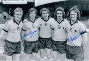 Autographed WOLVES 12 x 8 Photo : B/W, depicting Wolves players including JOHN RICHARDS and KENNY