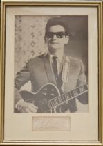 Roy Orbison signature piece, framed signature with black and white photo 14x10 inch approx. Good