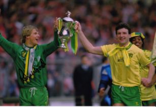 Autographed CHRIS WOODS 12 x 8 Photo : Col, depicting Norwich City captain Dave Watson and