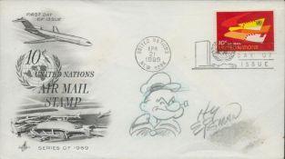 Hy Eisman autographed sketches Air Mail Stamp United Nations FDC. 1 Stamp 1 postmark. Good