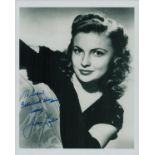 Joan Leslie signed 10x8 inch black and white photo. Dedicated. Good condition. All autographs come