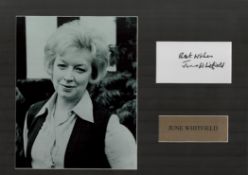 June Whitfield signed 16x12 inch mounted signature piece includes signed white card and stunning
