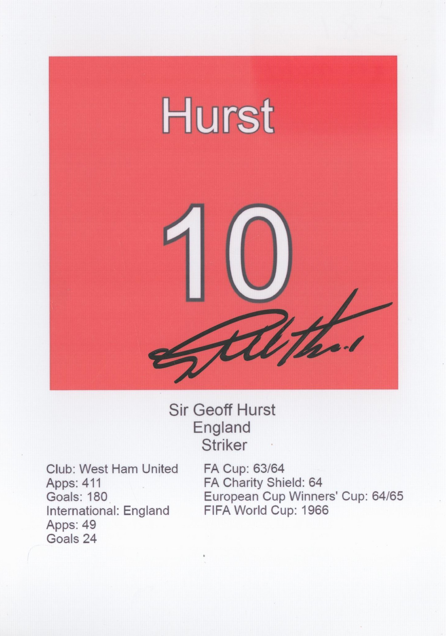 Sir Geoff Hurst signed Westham information photo. Measures 7"x5" appx. Good condition. All