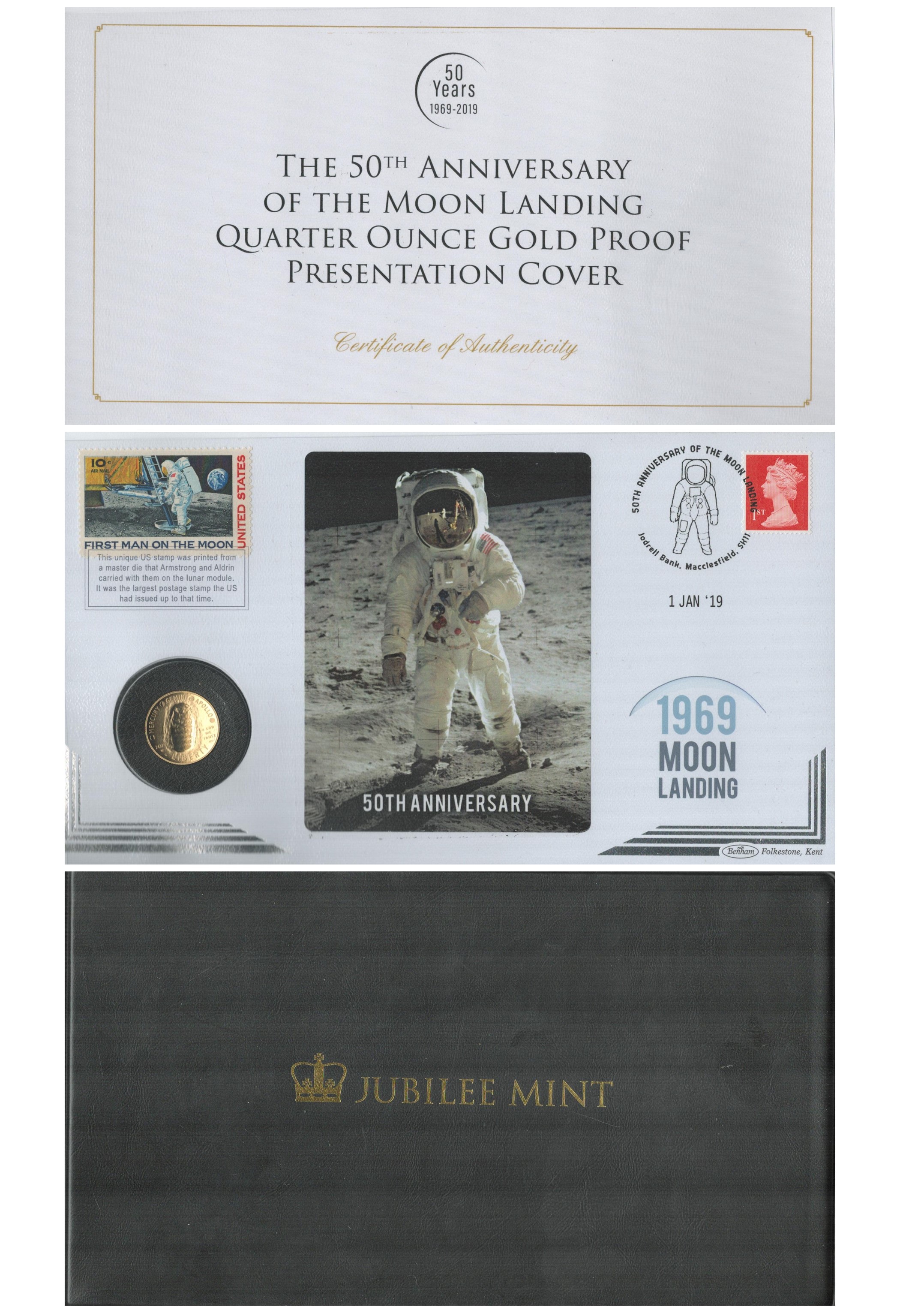 50th anniversary of the moon landing quarter ounce gold proof presentation cover. Macclesfield 1/1/