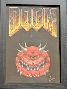 John Romero signed Doom illustrated piece. Framed to approx. size 18x14inch. Good condition. All