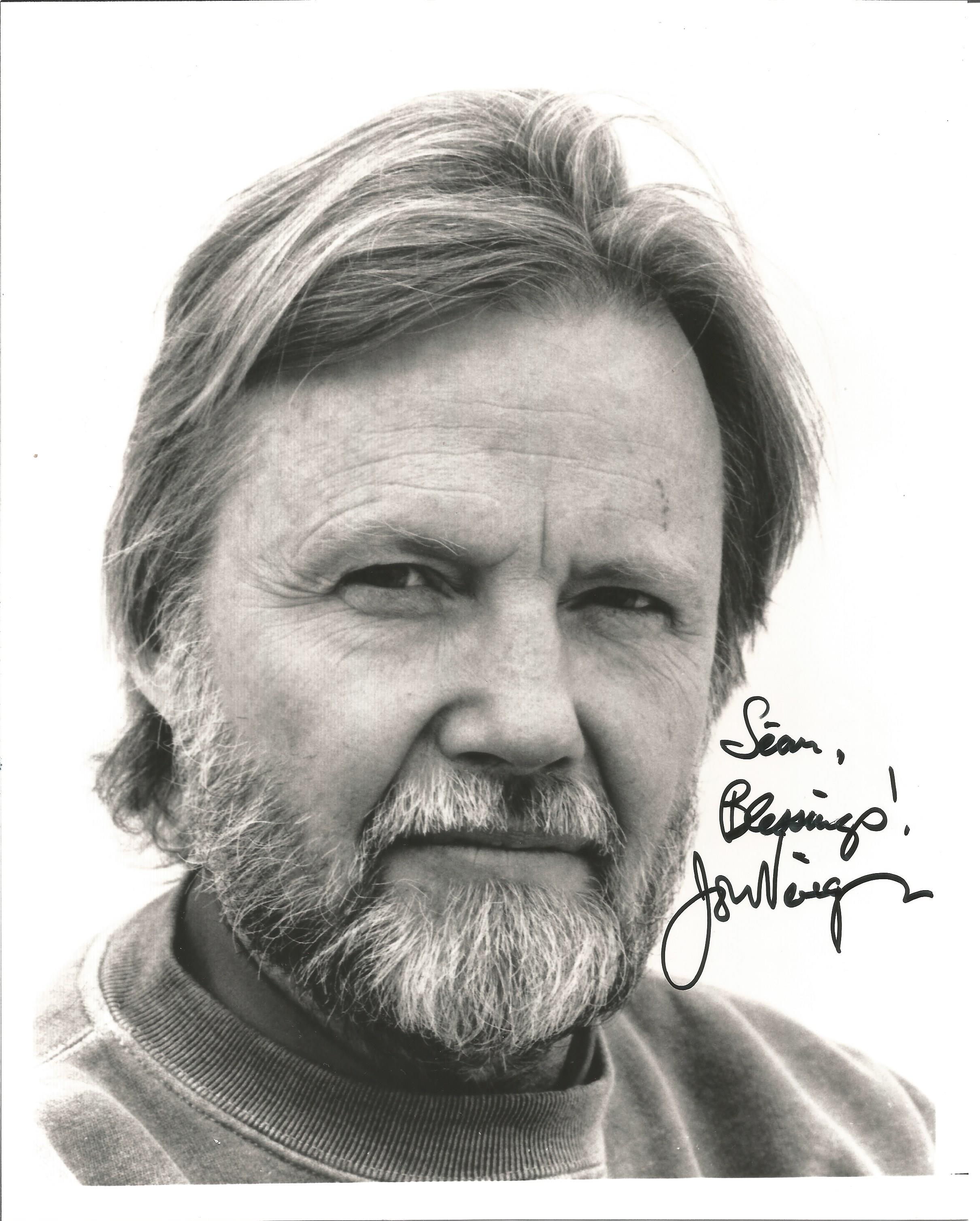 John Voight signed 10x8 inch black and white photo dedicated. Good Condition. All autographs come