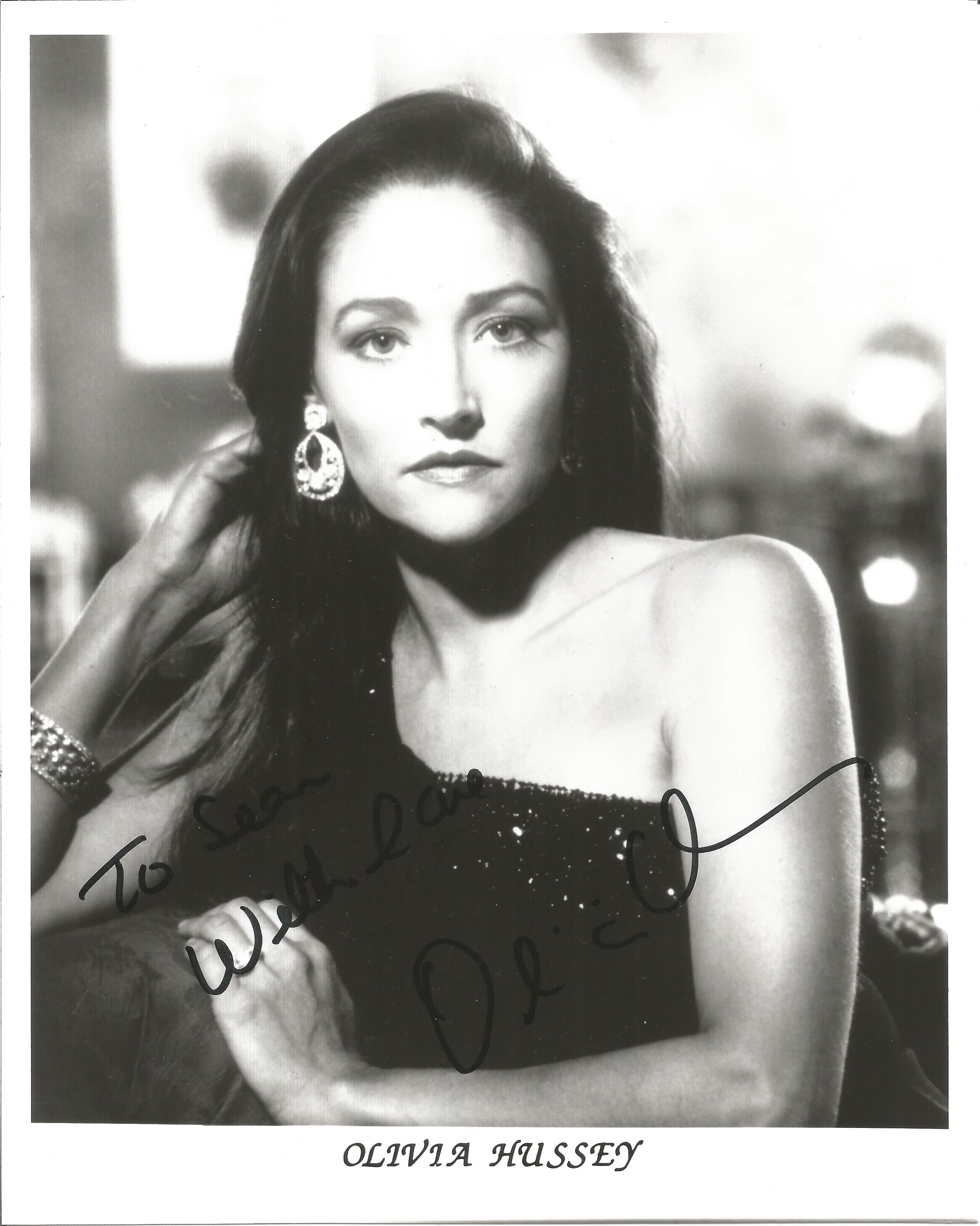 Olivia Hussey signed 10x8 inch black and white promo photo dedicated. Good Condition. All autographs