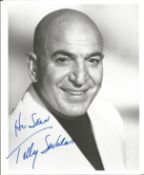 Telly Savalas signed 10x8 inch black and white photo dedicated. Good Condition. All autographs