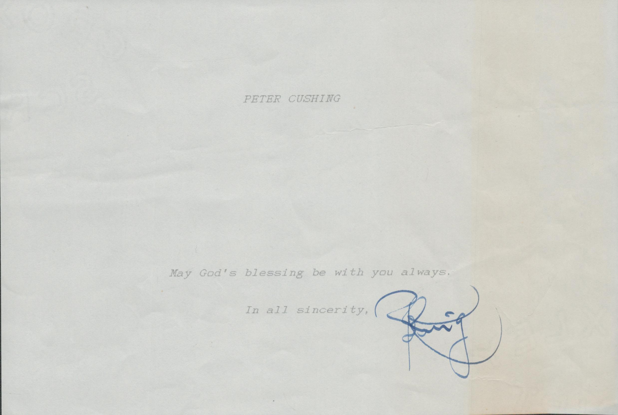 Peter Cushing signature piece Approx. 8.25x5.5 Inch. As an English actor. His acting career