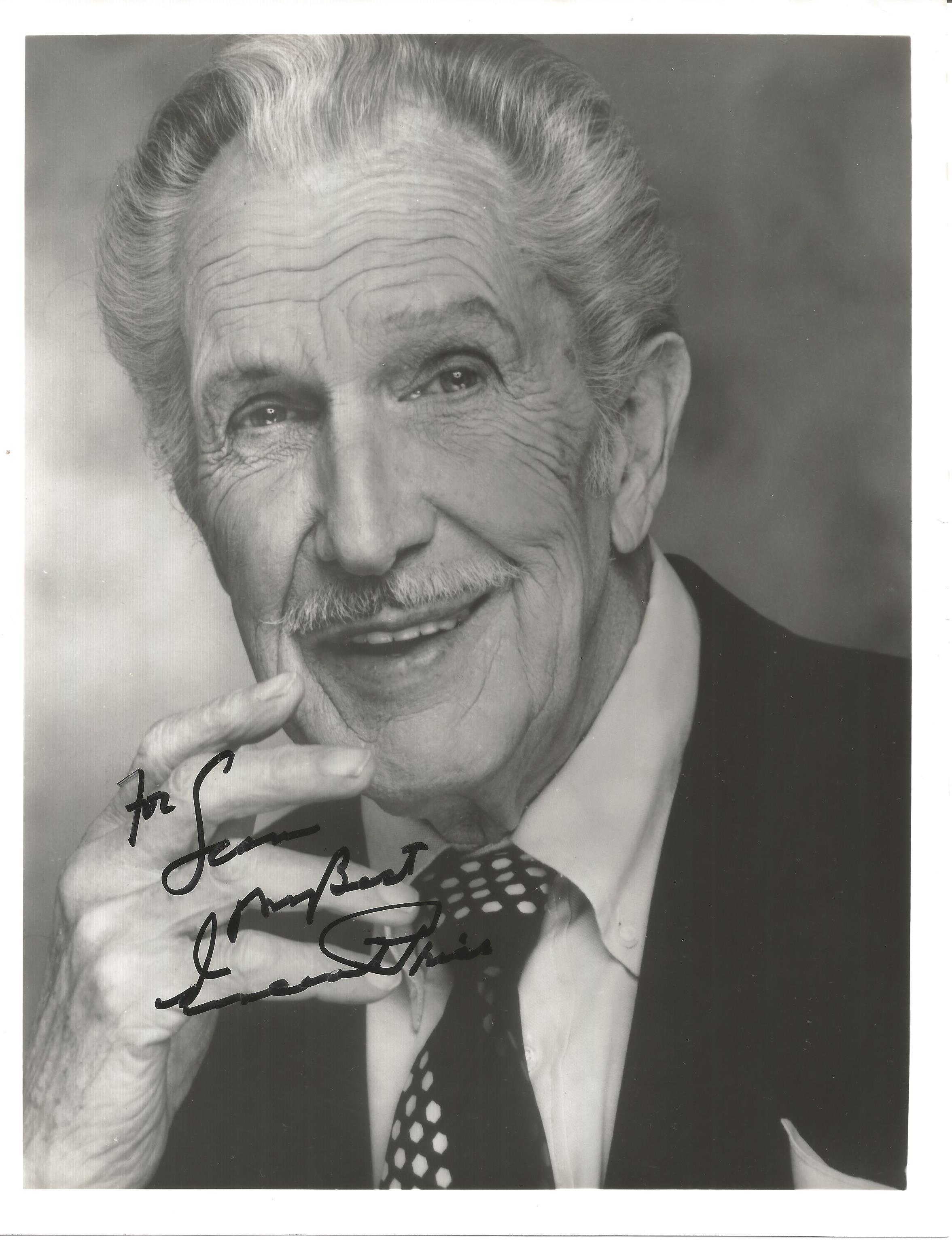 Vincent Price signed 10x8 inch black and white photo dedicated. Good Condition. All autographs