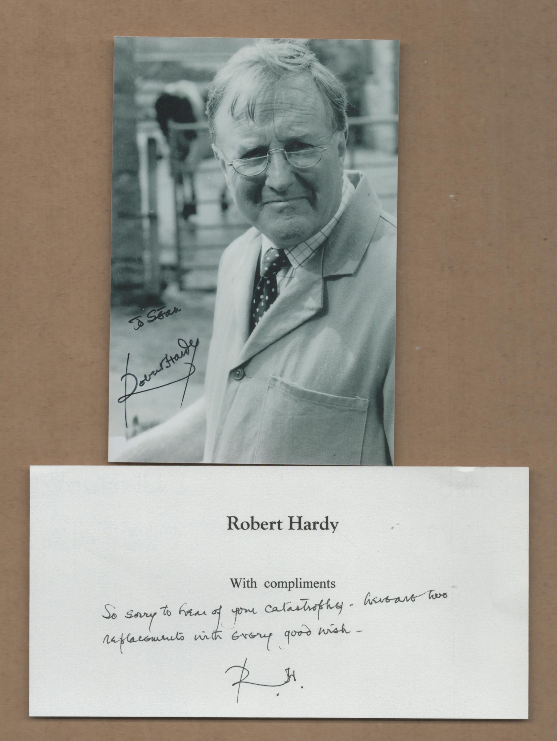 Robert Hardy signed 6x4 inch black and white photo dedicated with accompanying compliments slip.