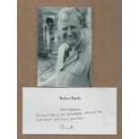 Robert Hardy signed 6x4 inch black and white photo dedicated with accompanying compliments slip.