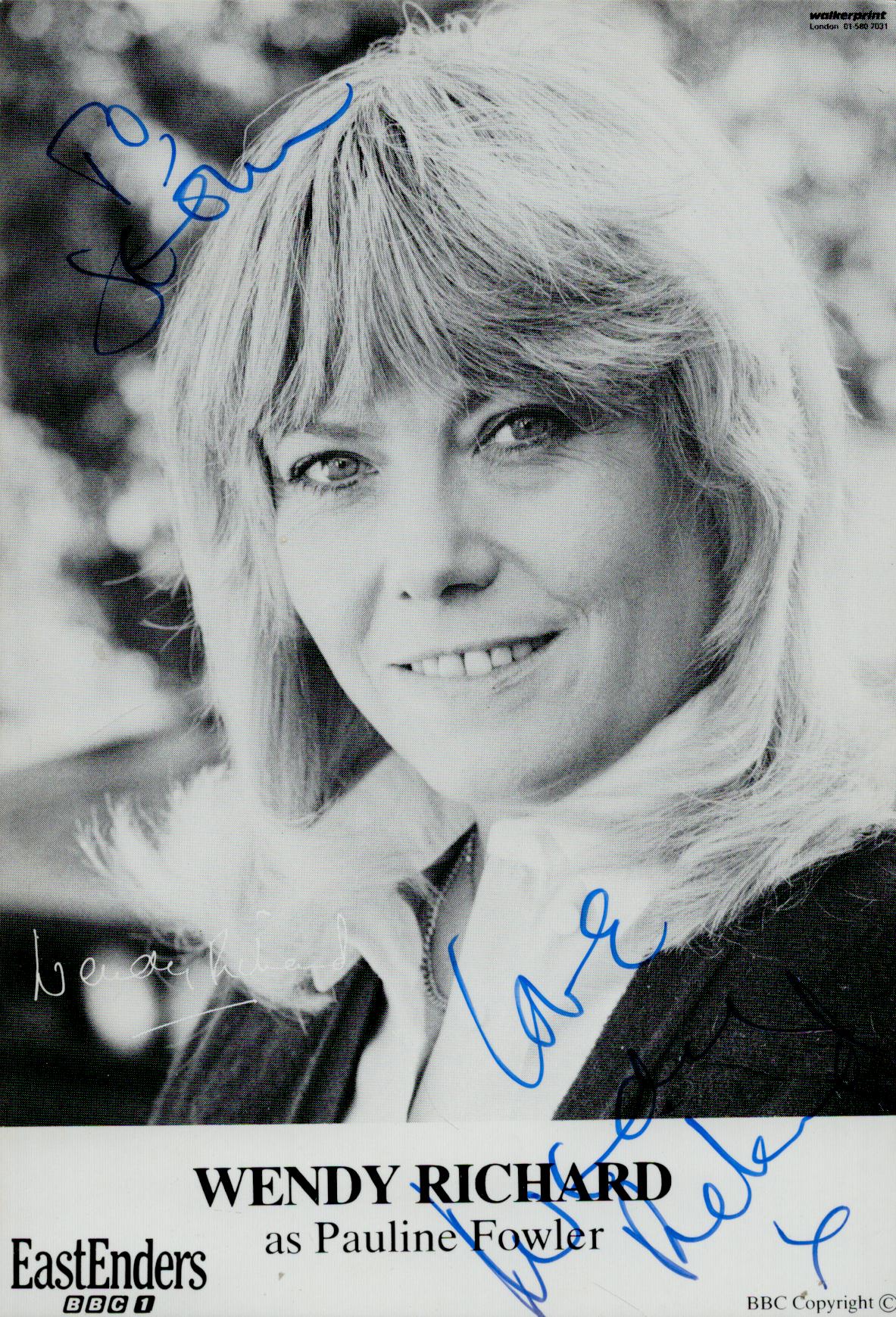 Wendy Richard signed promo colour photo Approx. 6x4 Inch. Dedicated. As Pauline Fowler is a