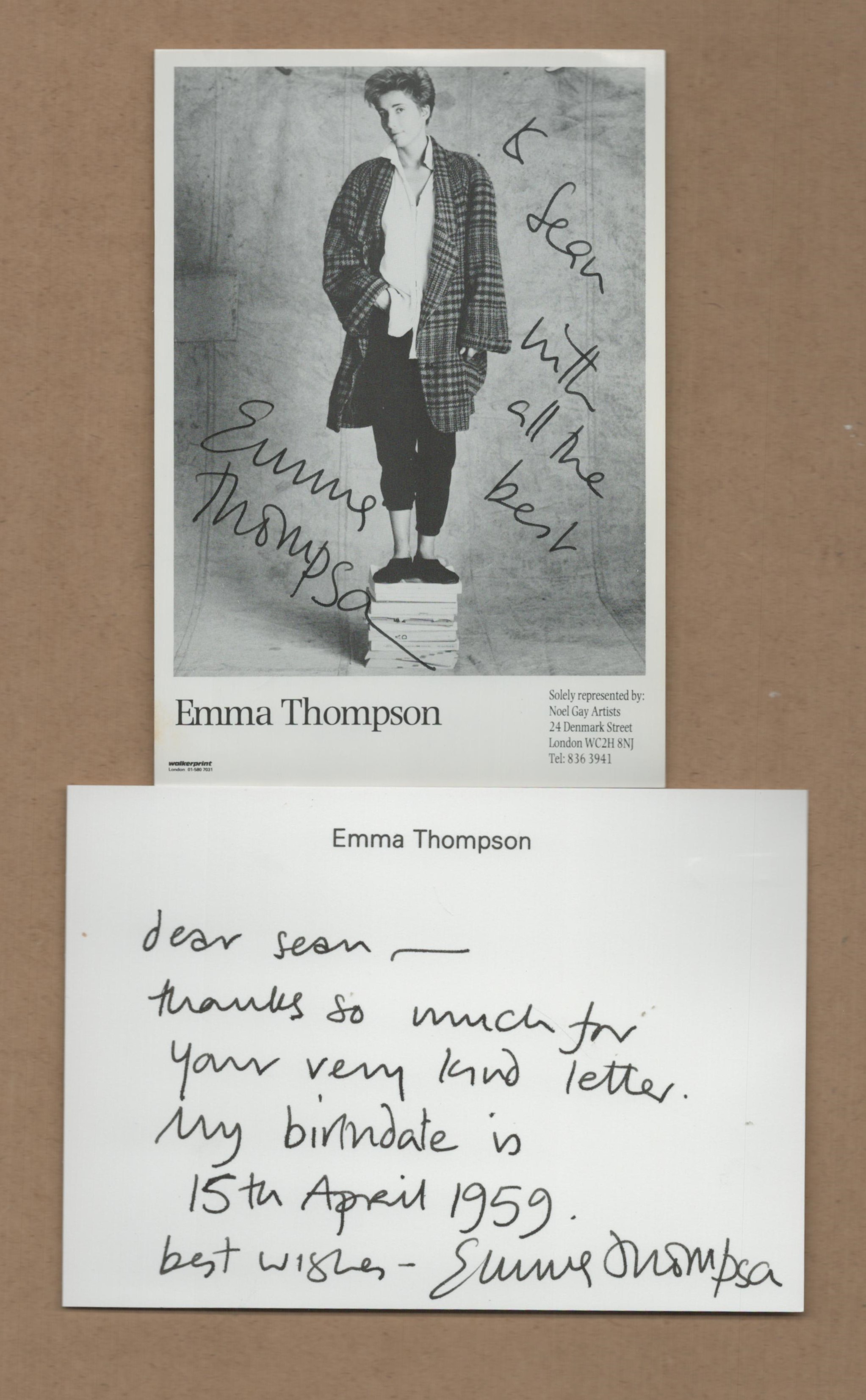 Emma Thompson signed 6x4 inch black and white promo photo dedicated with accompanying note. Good