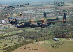 Two Lancasters in Flight over the Spire Memorial, Colour Photo Signed by 5 including Arthur