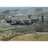 Two Lancasters in Flight over the Spire Memorial, Colour Photo Signed by 5 including Arthur